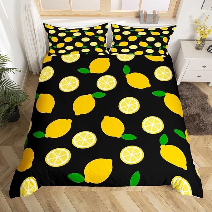 Lemon Duvet Cover Sets Full,Tropical Fruit Leaves Bedding Set 3pcs for Kids Teens Boys Girls Room Decor,Botanical Natural Comforter Cover Bright Yellow and Black Quilt Cover with 2 Pillowcases