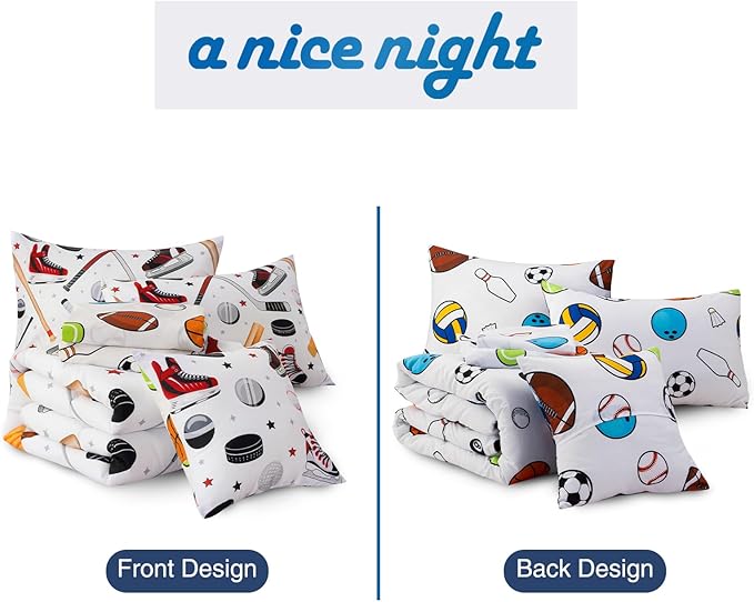 A Nice Night 6Pcs Twin Boys Bedding Set, Sports Themed Comforter with Ice Skates & Baseball Bat Design, Athletic Decor for Boys Bedroom(White)