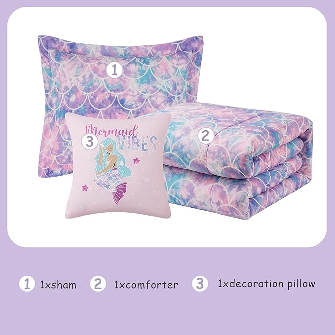 Twin Comforter Set for Girls- 3 Pieces Glow in The Dark Mermaid Twin XL Bedding Set with 1 Comforter, 1 Decor Pillow & 1 Pillow Shams