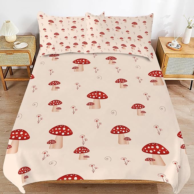 Mushroom Bedding Set Cartoon Mushroom Theme Comforter Set for Kids Teens Adults Women Men Red Mushroom Duvet Cover Bedroom Decor Soft King Size Quilt Cover with 2 Pillowcases