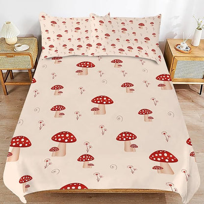 Mushroom Bedding Set Cartoon Mushroom Theme Comforter Set for Kids Teens Adults Women Men Red Mushroom Duvet Cover Bedroom Decor Soft King Size Quilt Cover with 2 Pillowcases