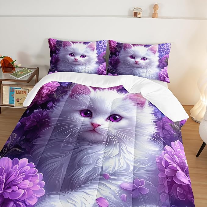 HOSIMA Cat Queen Bedding Sets for Girls Room Decor,Cat Surrounded by Flowers Print Lightweight Cute Comforter,Fluffy Animal Themed Princess Bedding for Kids Teens with 2 Pillowcases.