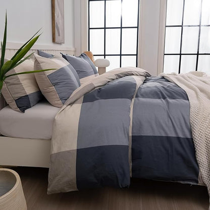 Duvet Cover Queen Plaid 100% Brushed Microfiber Reversible 3 Pieces Bedding Set Vintage Style Checkered Pattern Geometric Queen Duvet Cover Set with Zipper Closure Luxury Soft Breathable Comfy