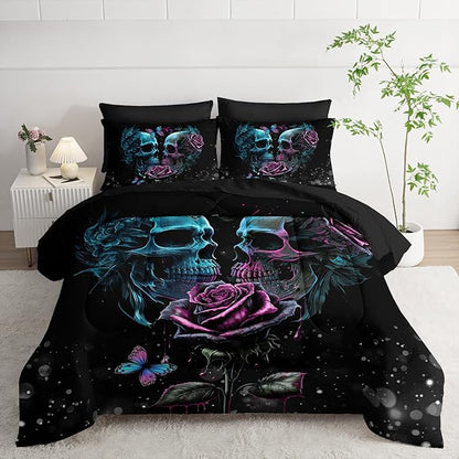 Black Skull Comforter Set 7 Piece Twin Size Bed in A Bag,Goth Bedding for Room Decor,Soft Western Comforter Boho Hippie Bedding with Fitted Sheet,Flat Sheet, Pillowcases & Shams