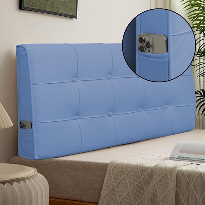 BCU Headboard Twin XL Upholstered Wedge Pillow Headboard Adjustable Washable with Side Pocket for College Dorm Room Twin XL Bed, Blue