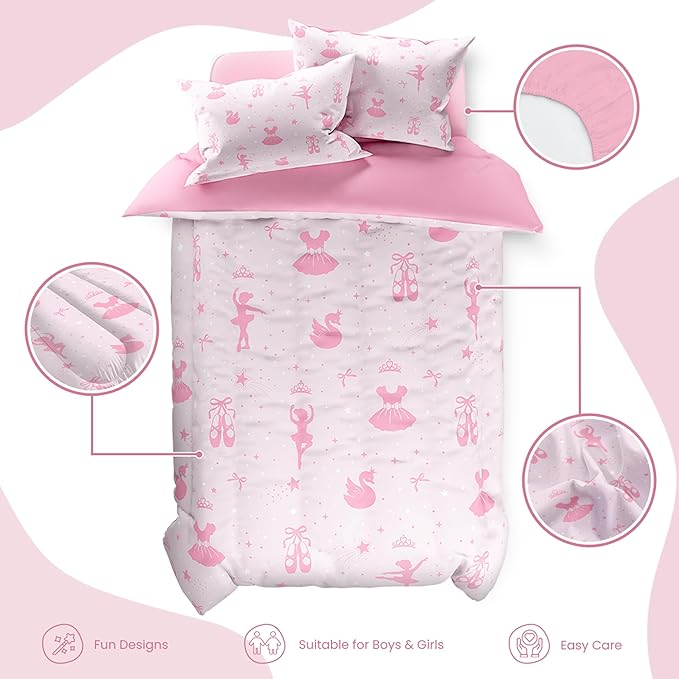 SANDJEST Ballerina Comforter Set Full Size 98x86in for Kids Girls, Microfiber 4 Pcs Bedding Set Includes 1 Comforter, 2 Pillowcases, 1 Fitted Sheet, Nursery Room Decor