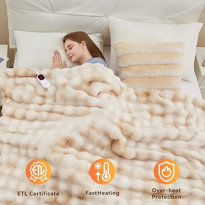 Heated Blanket Full Size with 1/2/4/6/8 Hours Auto-Off 10 Heat Level, 62'' * 84'' Cozy Faux Rabbit Fur Bubble Electric Blanket with Overheat Protection(Tie-Dye Beige)