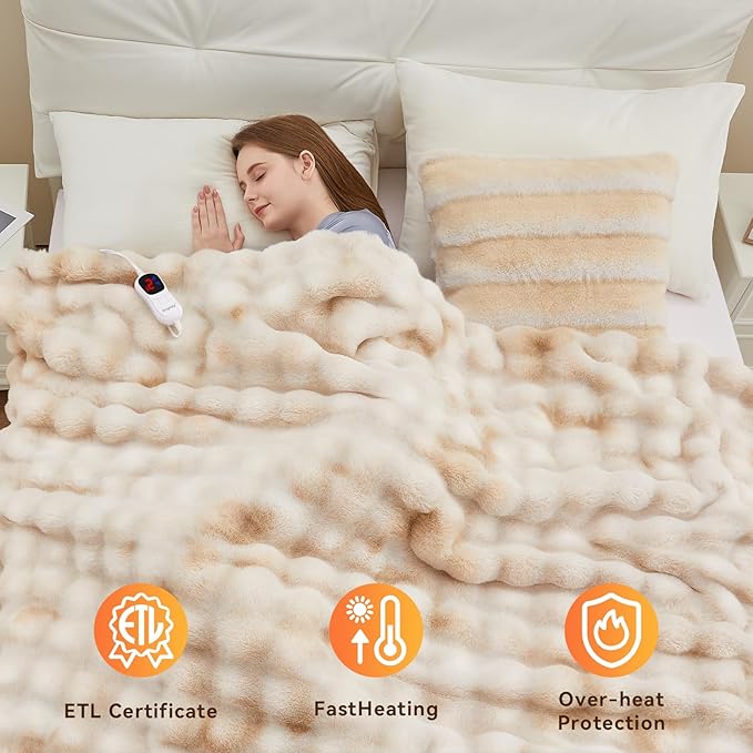 Heated Blanket Throw with 1/2/4/6/8 Hours Auto-Off 10 Heat Level, 50'' * 60'' Cozy Faux Rabbit Fur Bubble Electric Blanket with Overheat Protection(Beige)