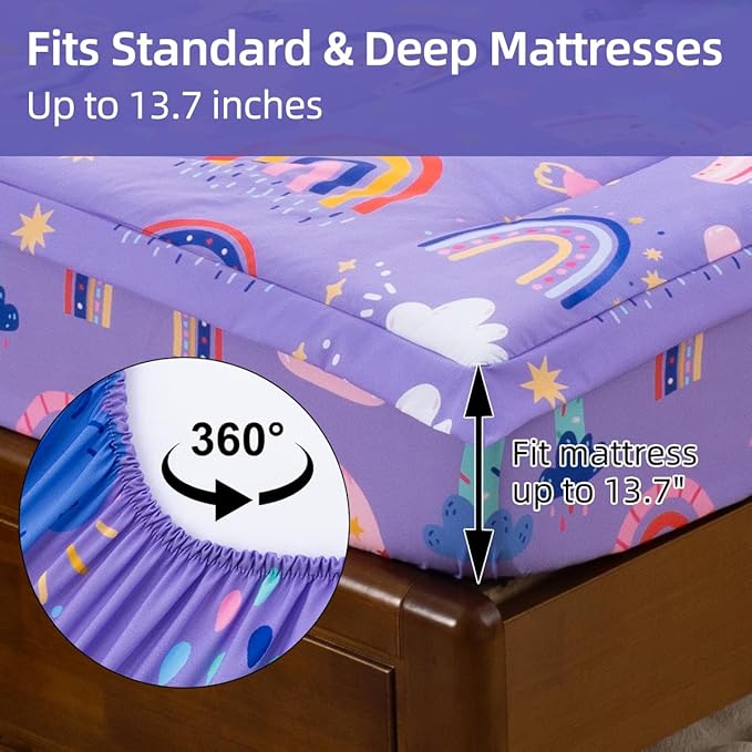 Holawakaka Kids Zipper Bedding Rainbow Comforter Set, Boys Girls Twin Size Bohemian Love Heart Stars Flowers Print Zippered Bed Sets, Child Boho Dorm Zip Bedding