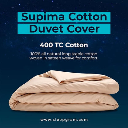 Sleepgram Supima Machine Washable 400 Thread Count Cotton Silver Ion Infused Luxury Zippered Duvet Cover with Travel Bag, Queen, Sand
