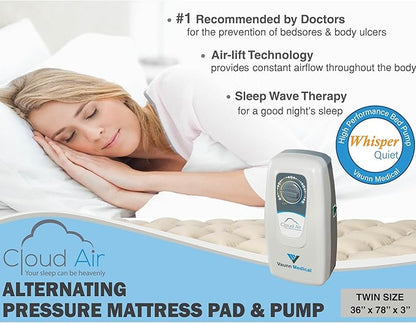 Vaunn Medical Cloud Air Whisper Quiet Alternating Air Pressure Mattress Topper with Pump Twin Size 36" x 78" x 3"