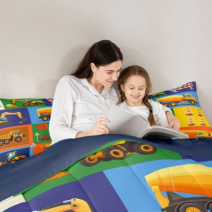 Cartoon Car Kids Comforter Set King Size Excavator Tractor Truck Bedding Set 3pcs Boys Teens Bedroom Decor Construction Vehicles Quilted Duvet Colorful Patchwork Plaid Duvet Insert,2 Pillowcases
