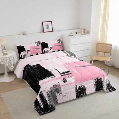 Feelyou Abstract Comforter Modern Abstract Art Comforter Set for Boys Girls Children Pink Black Pattern Bedding Set Room Decor Toddler Size Duvet Set 2Pcs