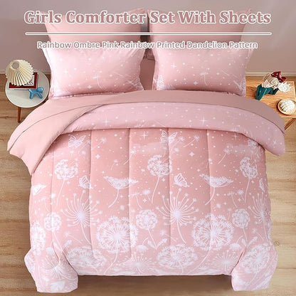 Menghomeus Girls Comforter Set Twin Size 5 Pieces Bed in A Bag Ombre Pink Bedding Set Dandelion Butterfly Print Kids Bedding Collections