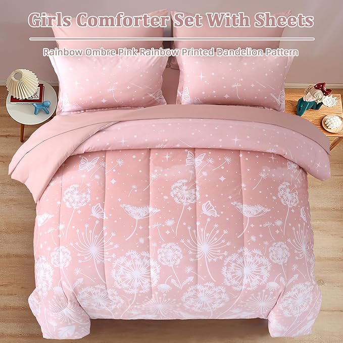 Menghomeus Girls Comforter Set Full Size 7 Pieces Bed in A Bag Ombre Pink Bedding Set Dandelion Butterfly Print Kids Bedding Collections