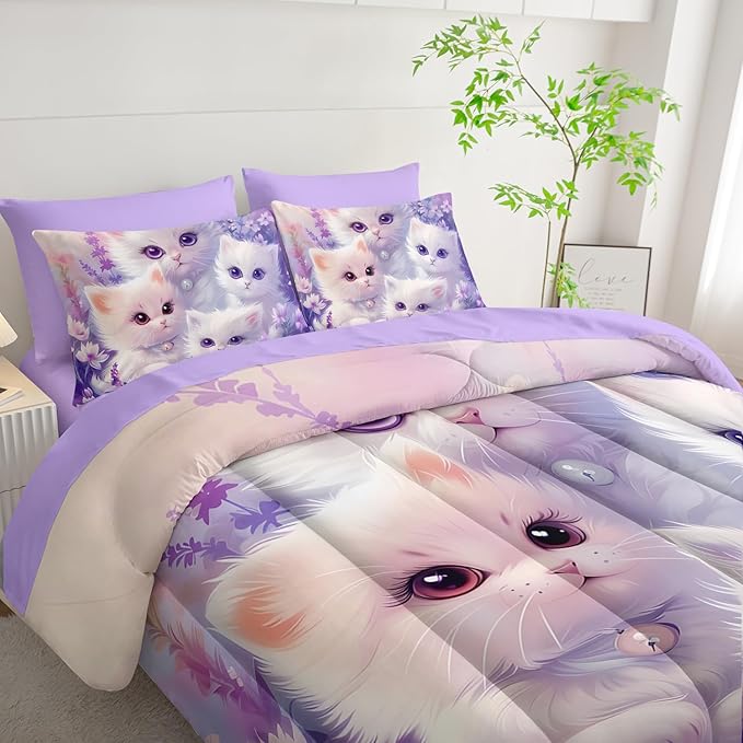 Cat Bedding 7 Piece Comforter Set Twin Size,Cute Animal Themed Bed Set for Girls Room Decor,Kids Bedding with 1 Comforter,1 Flat Sheet,1 Fitted Sheet,4 Pillowcases.