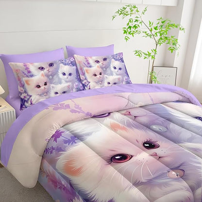 Cat Bedding 7 Piece Comforter Set Full Size,Cute Animal Themed Bed Set for Girls Room Decor,Kids Bedding with 1 Comforter,1 Flat Sheet,1 Fitted Sheet,4 Pillowcases.