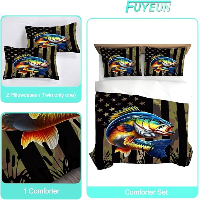 Fish American Flag Comforter Set Full/Queen Size Camouflage Bass Bedding Set for Men Boys Teens Fishing Lover Bedroom Green Farmhouse Bed Set Wild Quilted, 1 Comforter 2 Pillowcases