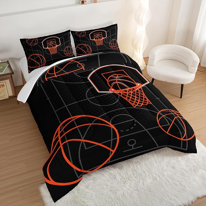 Basketball Court Print King Comforter Set for Boys,Ball Sports Games Bedding Set for Teens Kids Bedroom Decor,Orange Basketball Comforter Sets with 2 Pillowcases.