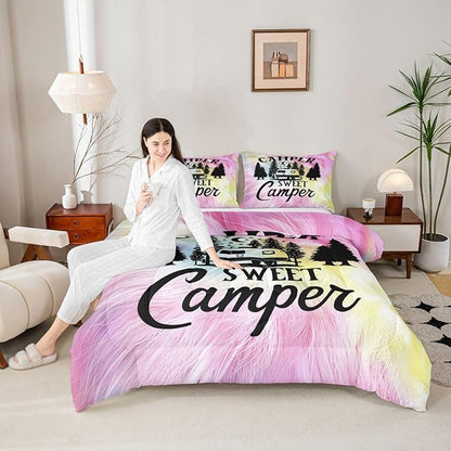 Feelyou Camper Comforter Set Kids Farmhouse Happy Camping Bedding Set Queen Women Men Pink Cow Fur Print Decor Comforter Soft Rustic Camper Van Quilt Boys