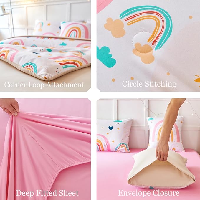 ANGIYUIN 6 Pieces Multi-Color Rainbow Twin Size Comforter Set for Girls Kids Cute Cloud and Love Hearts Girls Bedding Set Soft Microfiber Girl Bed in a Bag with Comforter, Sheets, Pillowcases