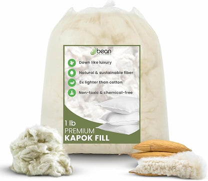 Bean Products Premium Kapok Fill | 1 lbs | 100% Organic Kapok Fiber | Chemical Free and Hypoallergenic | Perfect for Pillows, Pet Beds, Couches & More | Made in USA