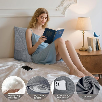 Wedge Headboard Reading Pillow for Bed Linen Triangular Backrest Bolster Pillow for Sitting Up Daybed Cushion Lumbar Body Support Positioning for Headboard, Couch, Dorm, Darkgrey