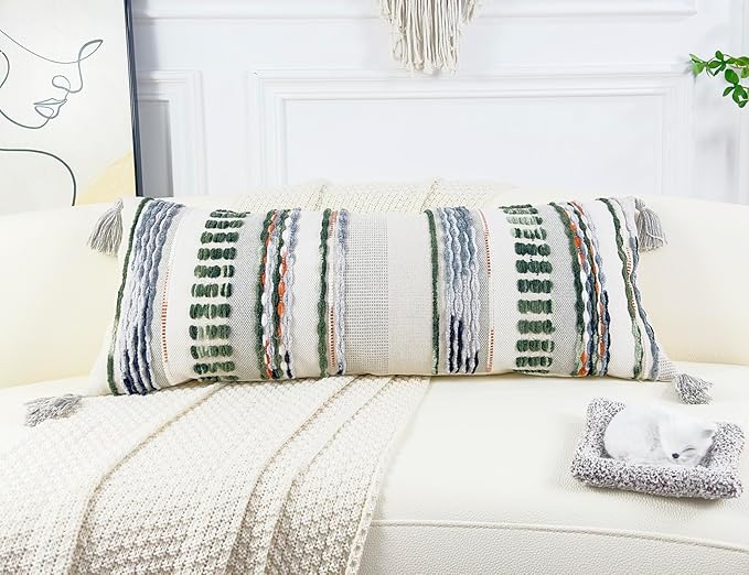 Chenille and Cotton Long Pillow for Bed, Striped Textured Boho Lumbar Throw Pillow Cover 12x36, Neutral Accent Decorative Extra Long Body Pillow Case for Couch, Sofa, Bedroom, Sage Green