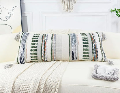 Chenille and Cotton Long Pillow for Bed,Striped Textured Boho Long Lumbar Throw Pillow Cover 16x36,Neutral Accent Decorative Extra Long Body Pillow Case for Couch Sofa Bedroom,Sage Green