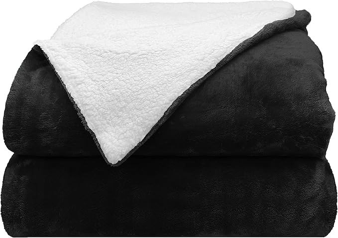 Comfort Lab Reversible Flannel Sherpa Throw Blanket - Elegant Fluffy Throw Blankets for Couch and Home Decor - Anti Pilling Non Shedding Cozy & Warm Fleece Throws - Throw (50" x 60") - Black