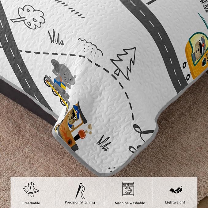 AILONEN Construction Truck Quilt 3-Piece Twin Cartoon Bear Bedspread Coverlet for Boys Work Road Print Quilt with 2 Pillowcases Soft and Lightweight
