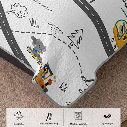 AILONEN Construction Truck Quilt 3-Piece Twin Cartoon Bear Bedspread Coverlet for Boys Work Road Print Quilt with 2 Pillowcases Soft and Lightweight