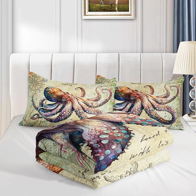 Retro Octopus Comforter Set Twin Size 3Pcs Nautical Coastal Compass Bedding Set Starfish Jellyfish Seaweed Quilt Bed Set for Boys Girls with 1 Comforter and 2 Pillowcases
