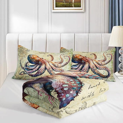 Retro Octopus Comforter Set Twin Size 3Pcs Nautical Coastal Compass Bedding Set Starfish Jellyfish Seaweed Quilt Bed Set for Boys Girls with 1 Comforter and 2 Pillowcases