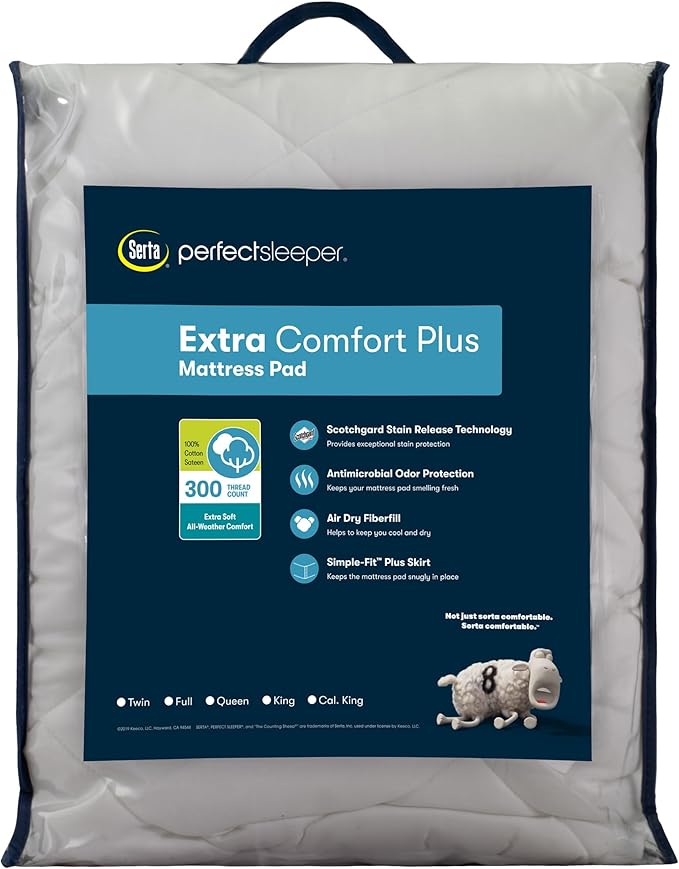 Serta Air Dry Extra Comfort Plus 100% Cotton Fabric Quilted Mattress Pad, Cooling and Breathable Mattress Cover, Moisture Wicking Protection with 18" Deep Pocket, California King, White
