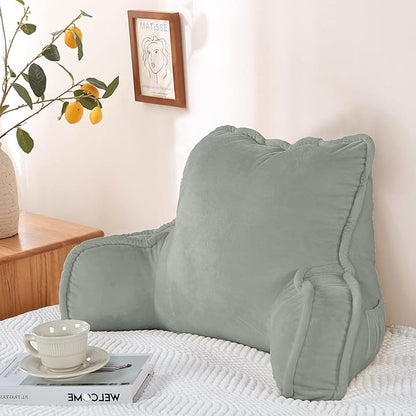 Super Soft Velvety Backrest Reading Bed Rest Pillow with Arms and Pockets 18" H for Sitting in Bed Couch Sofa, Back Support Wedge Cushion with Removable Cover, 20" x 18" x17", Light Grey