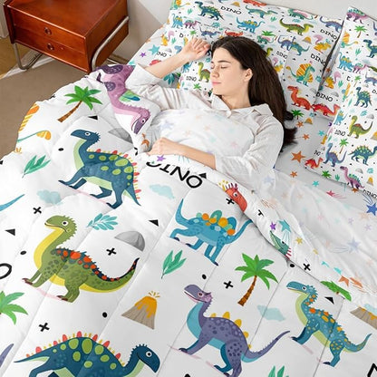 Feelyou Kids Cartoon Dinosaur 7 Piece Bedding Set Colorful Dinosaur Comforter Set with Sheets for Boys Girls Jungle Dino Bed in a Bag Animal Theme Bed Set Soft Lightweight