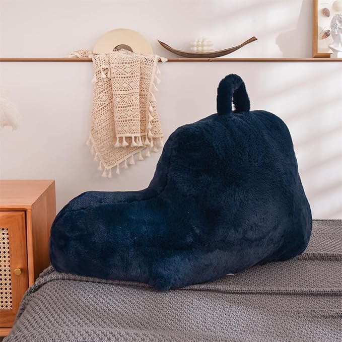 Holawakaka Medium Faux Fur Bed Rest Pillow with Arms,Rabbit Fur Reading Pillows Perfect for Teens Kids Petites, Arm, Back, Pregnancy Lumbar & Head Neck Coccyx Lower Back Support Cushion (Blue)