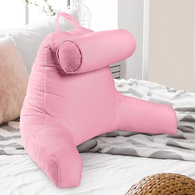 Cheer Collection Reading Pillow Chair - Chair Pillow with Arms and Detachable Neck Bolster for Bed & Couch - Machine Washable, Pink