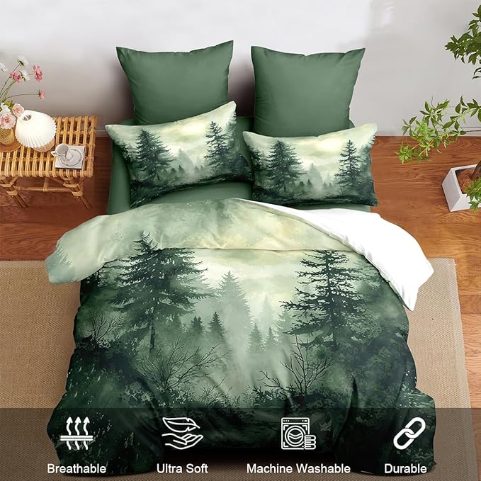 Pine Tree Duvet Cover Full Size Forest Olive Green Duvet Cover Set Gradient Watercolor Botanical Bedding Set Soft Breathable Microfiber Comforter Cover(2 Pillowcases, No Comforter)