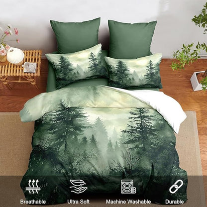 Pine Tree Duvet Cover Full Size Forest Olive Green Duvet Cover Set Gradient Watercolor Botanical Bedding Set Soft Breathable Microfiber Comforter Cover(2 Pillowcases, No Comforter)