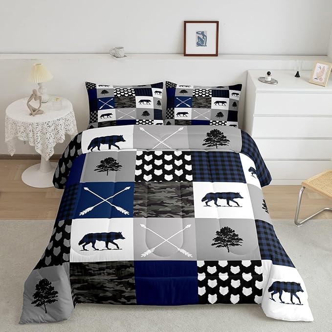 Feelyou Camo Comforter Set Queen Size Rustic Comforter for Boys Girls Teens Woodland Wolf Bedding Set Camping Quilt Set Hunting Adventure Breathable Duvet Set