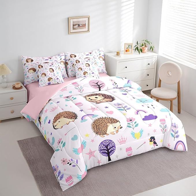 Erosebridal 7 Pieces Bed in a Bag King Bedding Set with Sheets,Floral Hedgehog Comforter Sets for All Season,1 Comforter, 2 Cushion Covers, 1 Flat Sheet, 1 Fitted Sheet, 2 Pillowcases