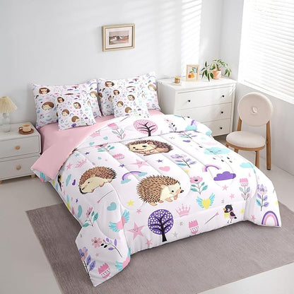 Erosebridal 7 Pieces Bed in a Bag King Bedding Set with Sheets,Floral Hedgehog Comforter Sets for All Season,1 Comforter, 2 Cushion Covers, 1 Flat Sheet, 1 Fitted Sheet, 2 Pillowcases