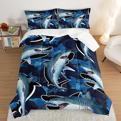 HOSIMA Blue Shark Bedding Set for Adults Kids,Cartoon Shark Pattern Comforter Set King Size for Boys,Blue Ocean Animal Themed Comforter Set for Boys Room Decorate with 2 Pillowcases.