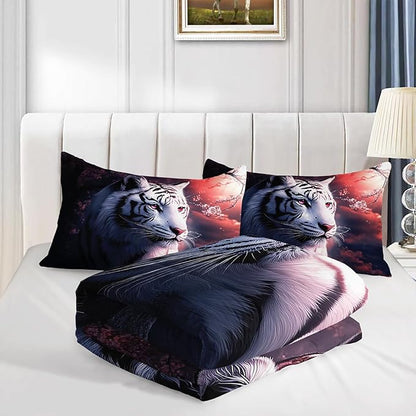 White Tiger Wild Animal Floral Comforter 3Pcs Queen 3D Safari Animal Hunting Theme Flower Bedding Set for Kid Teen Boy Girl Adult Cherry Blossoms Quilt Decor with 1 Comforter and 2 Pillowcases
