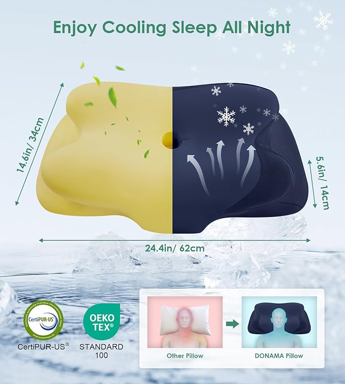 DONAMA Cervical Neck Pillow- Ergonomic Pillows for Pain Relief, Contour Memory Foam Pillow for Side/Back/Stomach Sleepers, CertiPUR-US Certified with Cooling Ice Silk Pillowcase