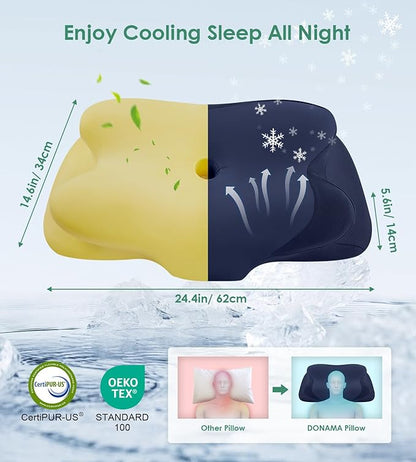 DONAMA Cervical Neck Pillow- Ergonomic Pillows for Pain Relief, Contour Memory Foam Pillow for Side/Back/Stomach Sleepers, CertiPUR-US Certified with Cooling Ice Silk Pillowcase