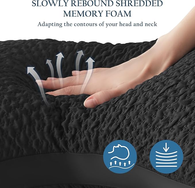 Side Sleeper Pillows for Adults, Adjustable Shredded Memory Foam Bed Pillows for Neck and Shoulder Pain, Standard Black Cooling Curved Pillows with Washable Cover & Extra Foam Bag