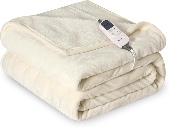 Heat Blanket 72”x84” Full Size,Soft Flannel & Sherpa Reversible Electric Blanket with 10 Heat Settings,12 Timer Setting and 8 Hours Auto-Shut Off,ETL Certified Machine Washable,Ivory